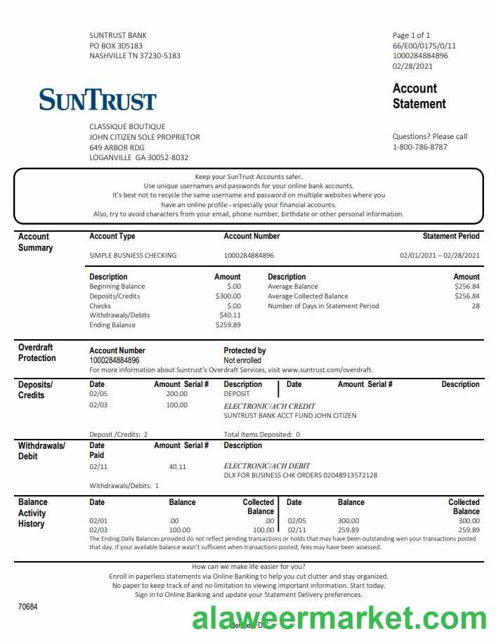 USA Georgia SunTrust bank statement template in Word and PDF format (For Sole Proprietor)
